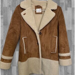 Zara Girls Faux Suede Shearling Coat Brown Cream 13-14 Years Faux Fur Trim